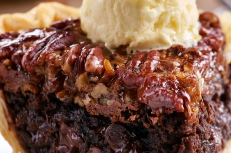 Delicious brownie pecan pie topped with crunchy pecans and rich chocolate