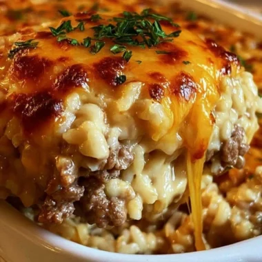 Cheesy ground beef rice casserole served in a baking dish