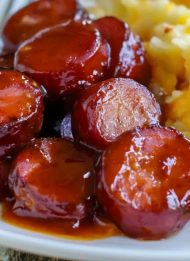 Cozy baked BBQ sausage served with sides in a rustic setting