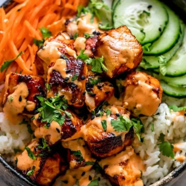 Delicious Bang Bang salmon bowl garnished with fresh vegetables and sauce