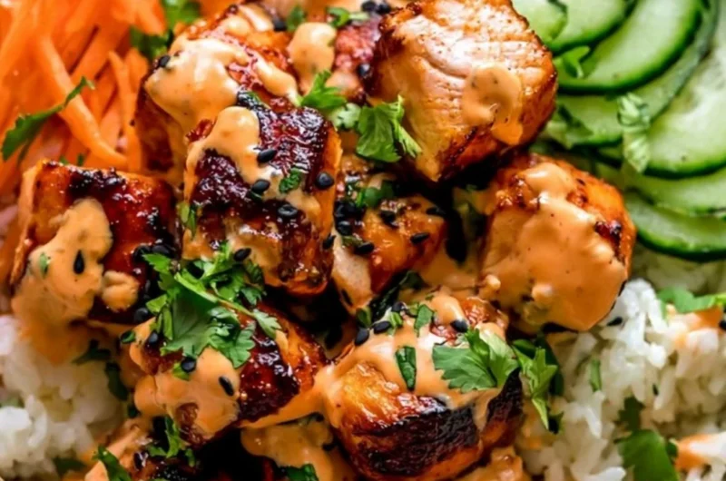 Delicious Bang Bang salmon bowl garnished with fresh vegetables and sauce