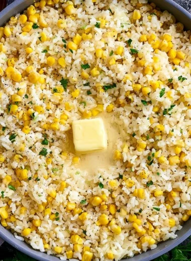 Cozy buttered corn rice served in a bowl with fresh herbs
