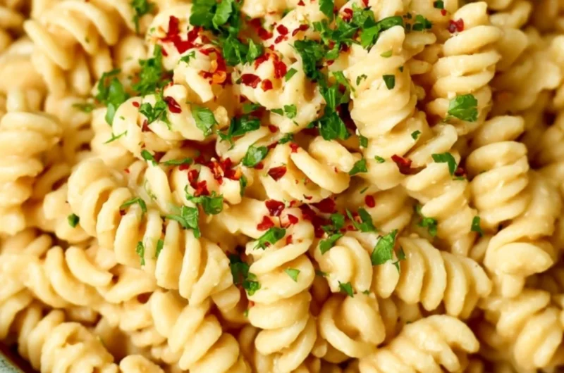 Cozy creamy white bean pasta sauce served over spaghetti