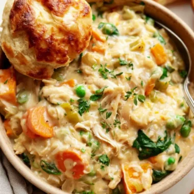 Cozy crustless chicken pot pie with chicken and vegetables in a bowl