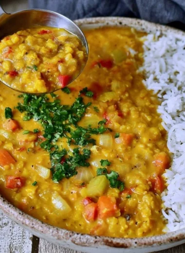 Cozy red lentil dahl served in a bowl with garnishes