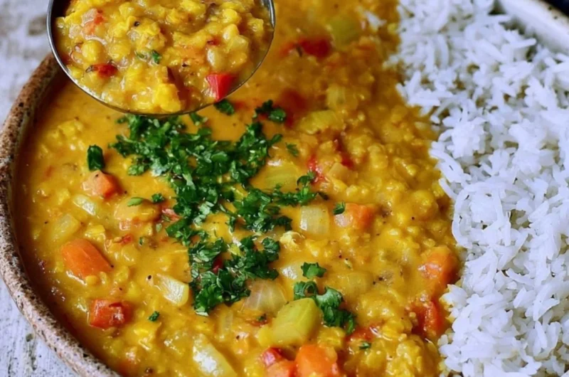 Cozy red lentil dahl served in a bowl with garnishes