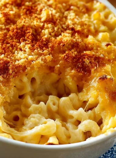 Creamy baked macaroni and cheese in a casserole dish
