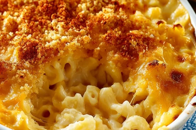 Creamy baked macaroni and cheese in a casserole dish