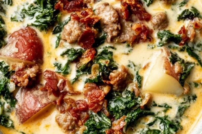 Bowl of creamy Tuscany soup garnished with herbs and bread