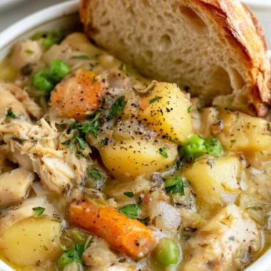 Delicious easy slow cooker chicken stew served in a bowl