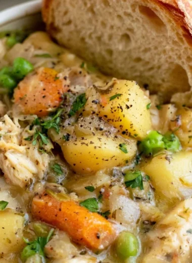 Delicious easy slow cooker chicken stew served in a bowl