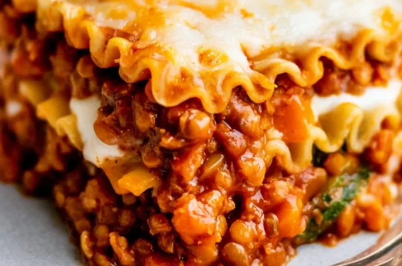 Easy vegan lentil lasagna topped with fresh basil and rich tomato sauce