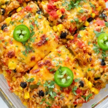 Healthy vegetarian rice and bean casserole ready to serve