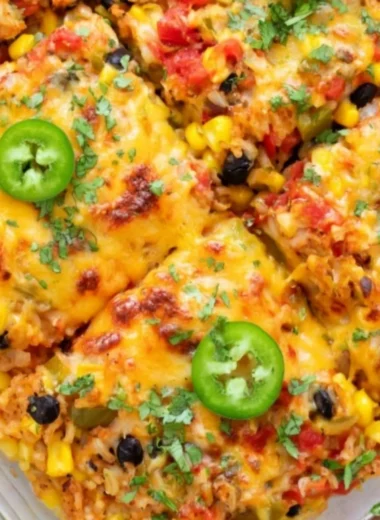 Healthy vegetarian rice and bean casserole ready to serve