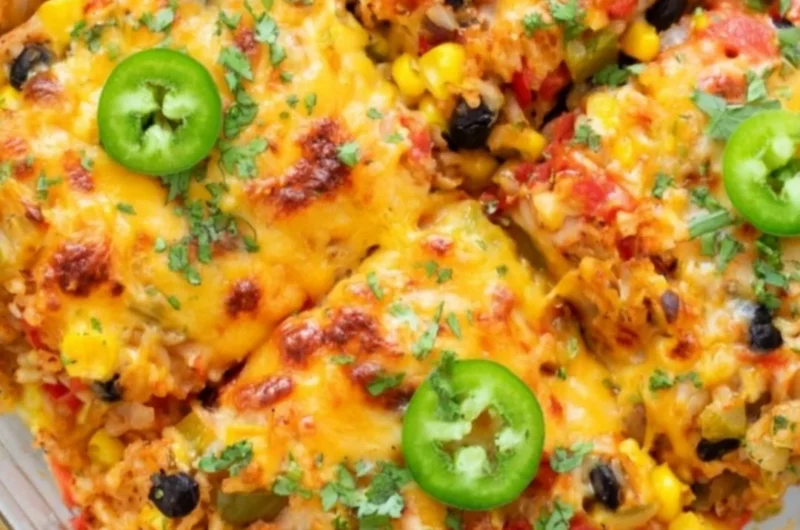 Healthy vegetarian rice and bean casserole ready to serve