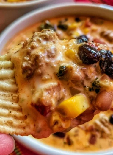 Bowl of high protein creamy taco soup topped with fresh cilantro and cheese