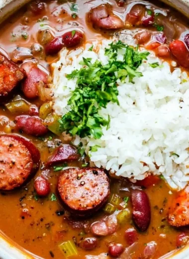 A bowl of Louisiana Red Beans and Rice garnished with green onions