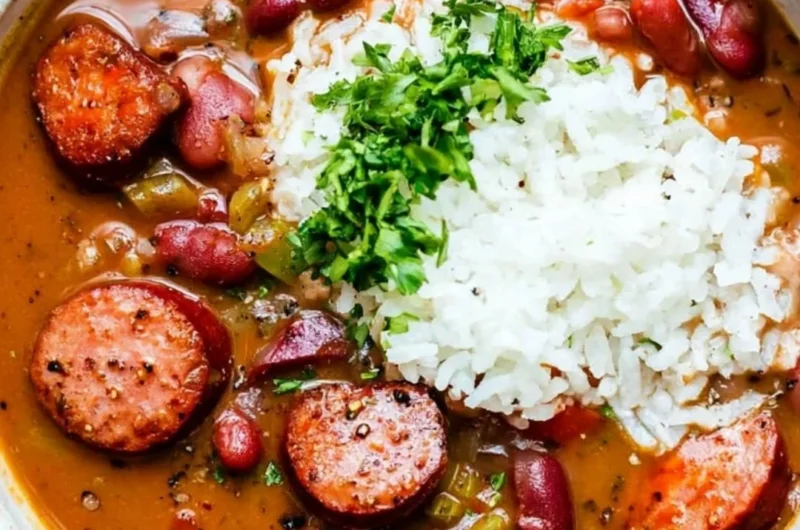 A bowl of Louisiana Red Beans and Rice garnished with green onions