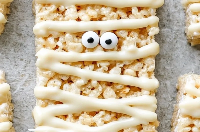 Spooky Mummy Rice Krispie Treats decorated for Halloween