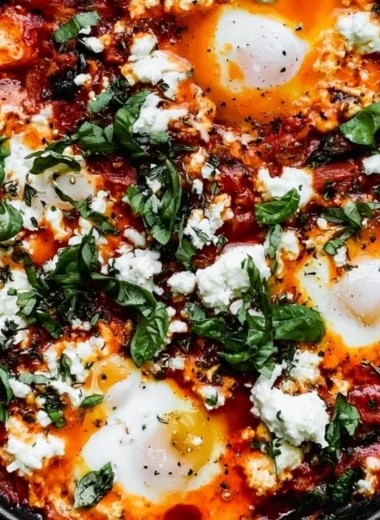 Delicious no-bake stovetop shakshuka served in a skillet with eggs and spices