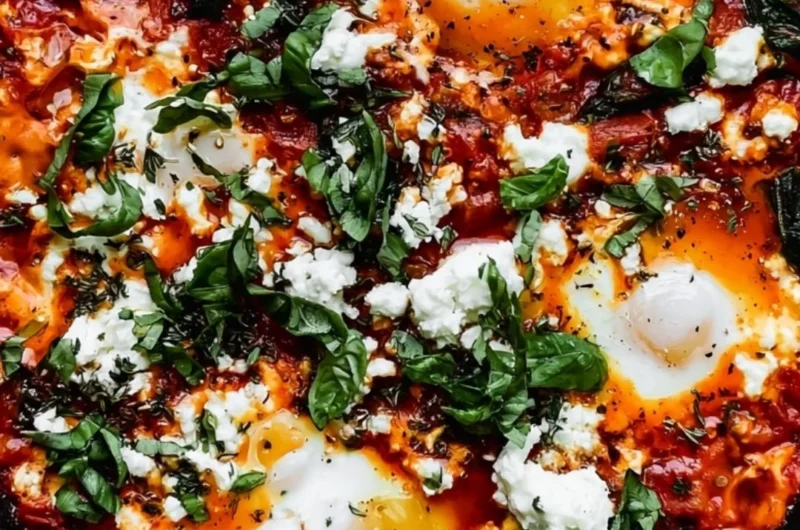 Delicious no-bake stovetop shakshuka served in a skillet with eggs and spices