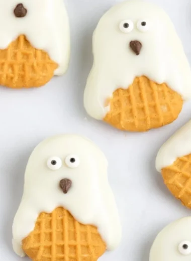 Nutter Butter Ghost Cookies decorated for Halloween