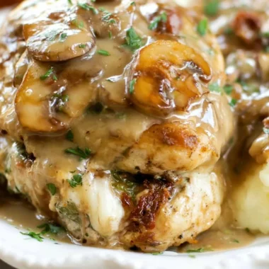 Olive Garden's Stuffed Chicken Marsala with creamy sauce and mushrooms