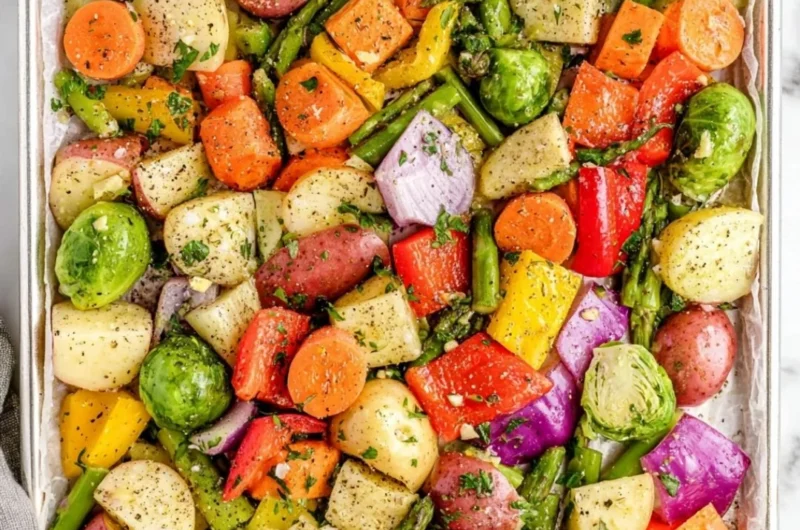 A colorful plate of oven-roasted vegetables with herbs and spices