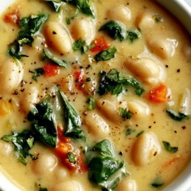 Delicious bowl of high protein white bean soup topped with fresh herbs