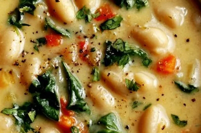Delicious bowl of high protein white bean soup topped with fresh herbs