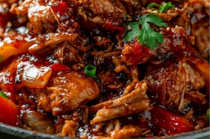 Slow Cooker Sweet Chili Chicken served with veggies and rice