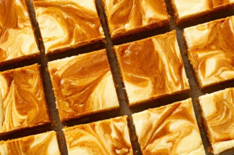 Swirled pumpkin cheesecake bars with creamy filling and autumn spices