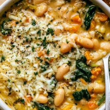 Bowl of delicious white bean soup garnished with herbs